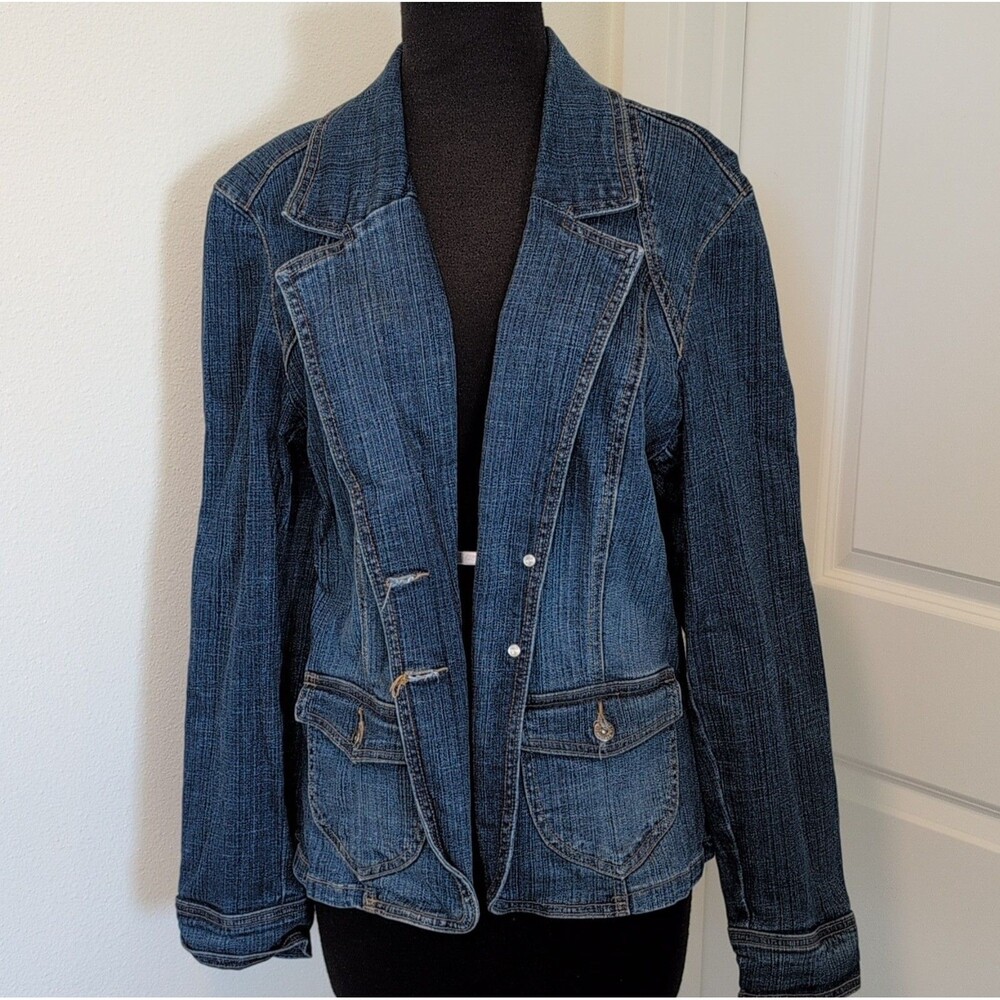 Gloria Vanderbilt Women's Blue Denim Jacket Collared Button Pockets Size XL